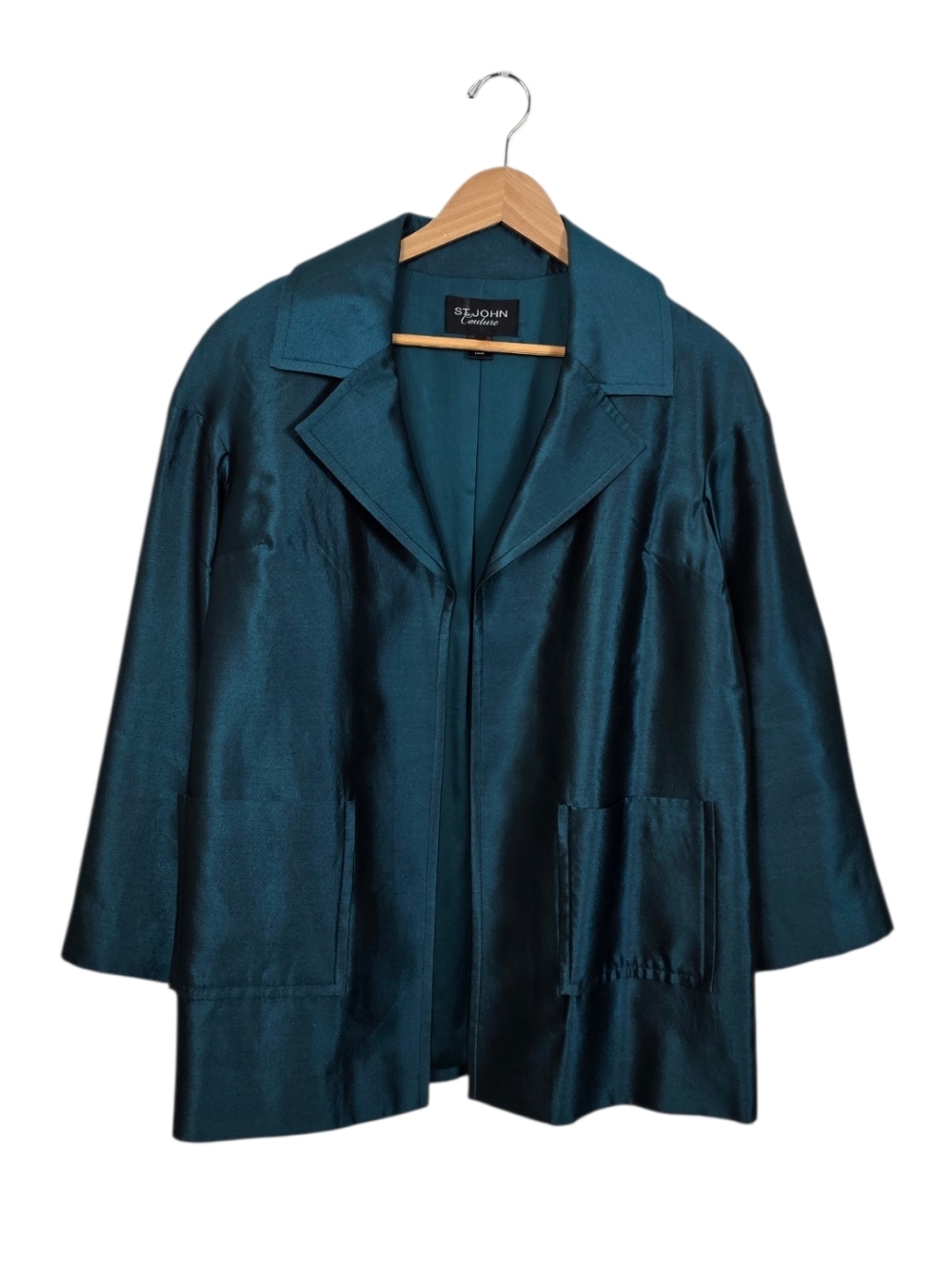 St. John Couture Teal Silk Wool Blend Jacket Open Front Shimmer Patch Pockets 4